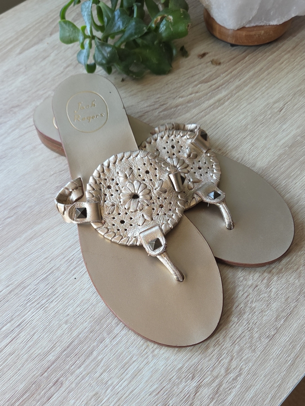 Jack Rogers Metallic Gold Leather Thong Sandals